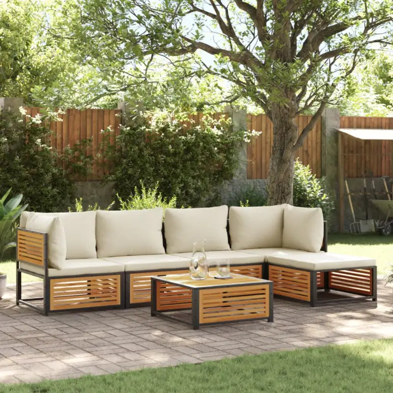 Loungebank van massief acaciahout en gepoedercoat staal voor comfort - Crème / 2x hoek + 2x midden + voetensteun