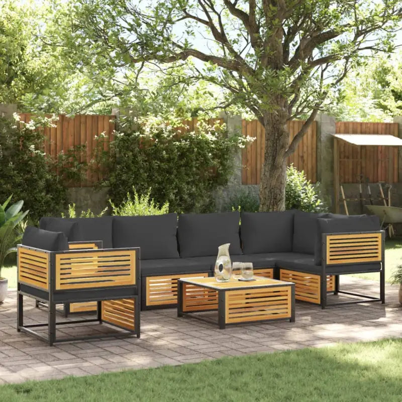 Loungebank van massief acaciahout en gepoedercoat staal voor comfort - Antraciet / 3x hoek + 2x midden + Fauteuil