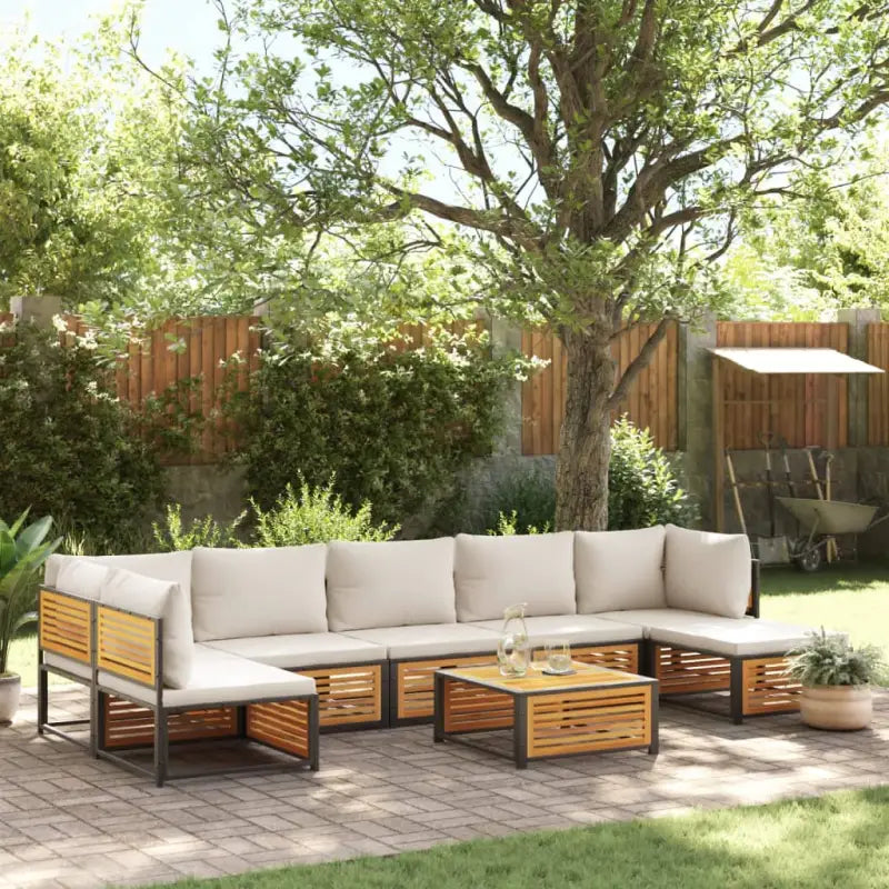 Loungebank van massief acaciahout en gepoedercoat staal voor comfort - Crème / 2x hoek + 4x midden + voetensteun
