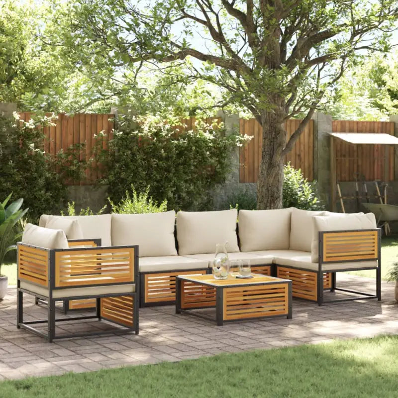 Loungebank van massief acaciahout en gepoedercoat staal voor comfort - Crème / 3x hoek + 2x midden + Fauteuil + Tafel