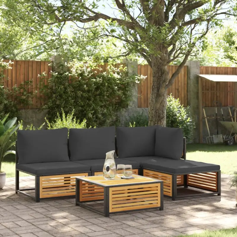 Loungebank van massief acaciahout en gepoedercoat staal voor comfort - Antraciet / hoek + 2x midden + voetensteun