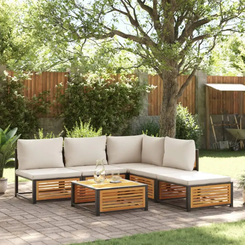 Loungebank van massief acaciahout en gepoedercoat staal voor comfort - Crème / hoek + 3x midden + voetensteun + Tafel