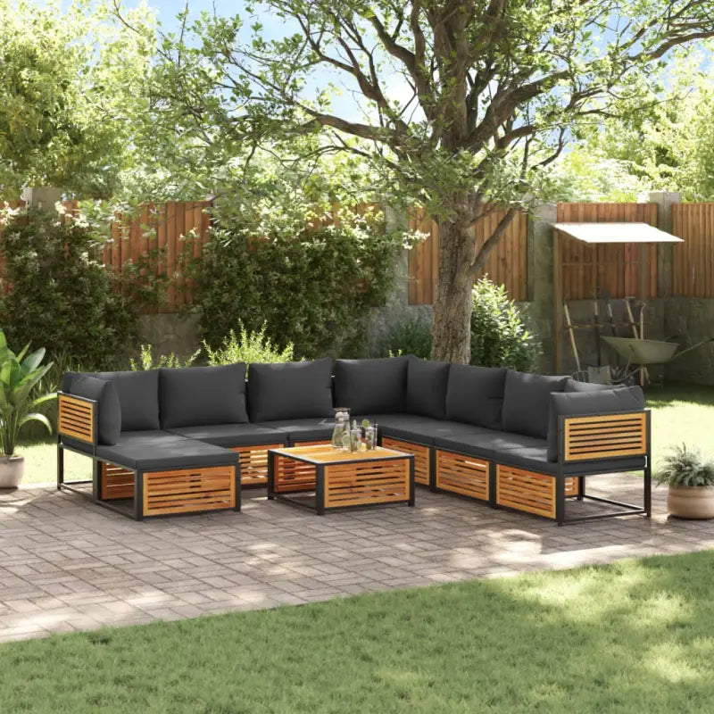 Loungebank van massief acaciahout en gepoedercoat staal voor comfort - Antraciet / 3x hoek + 4x midden + voetensteun