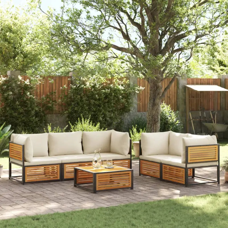 Loungebank van massief acaciahout en gepoedercoat staal voor comfort - Crème / 4x hoek + midden + Tafel - Tuinsets