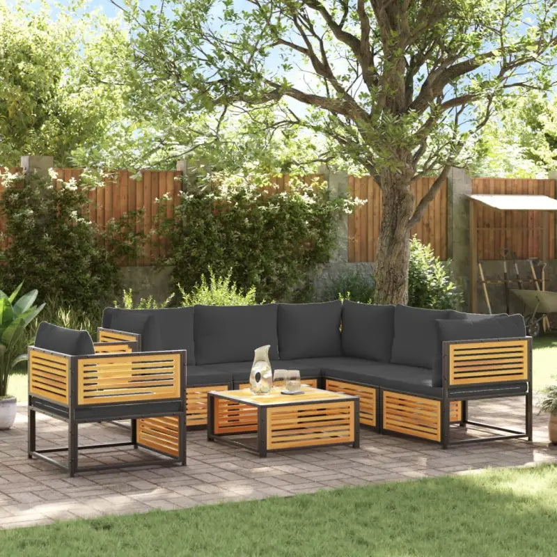 Loungebank van massief acaciahout en gepoedercoat staal voor comfort - Antraciet / 3x hoek + Fauteuil + 2x midden