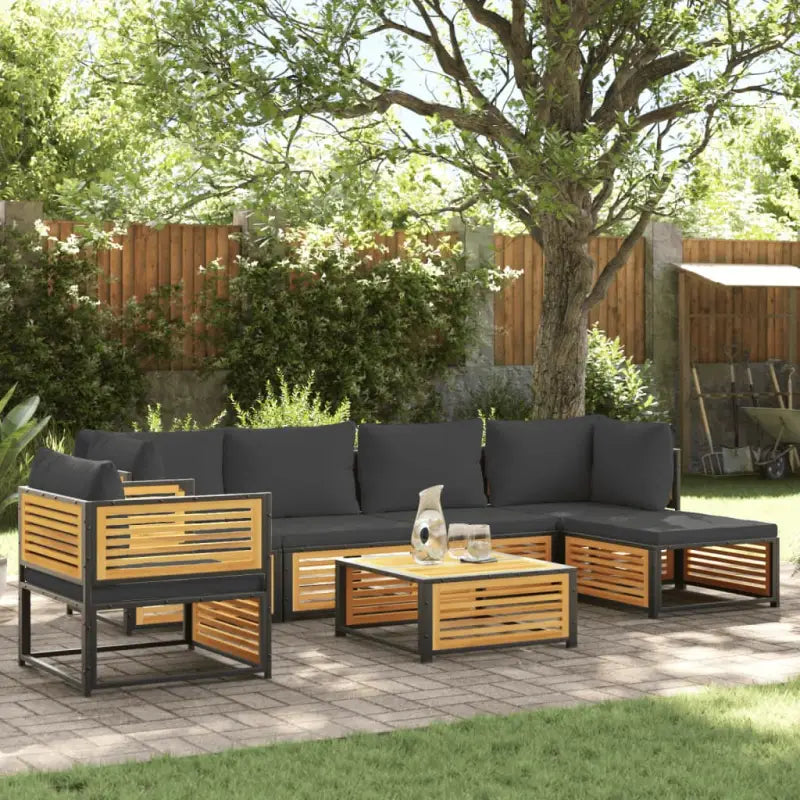 Loungebank van massief acaciahout en gepoedercoat staal voor comfort - Antraciet / 2x hoek + Fauteuil + 2x midden