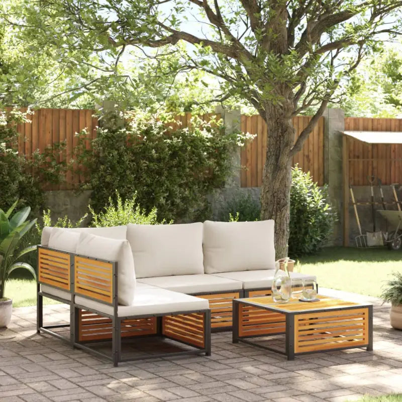 Loungebank van massief acaciahout en gepoedercoat staal voor comfort - Crème / hoek + 3x midden + Tafel - Tuinsets