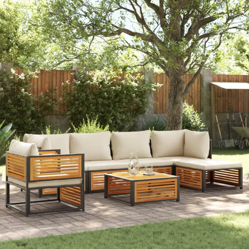 Loungebank van massief acaciahout en gepoedercoat staal voor comfort - Crème / 2x hoek + Fauteuil + 2x midden