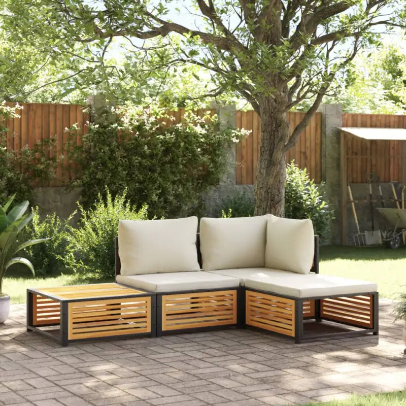 Loungebank van massief acaciahout en gepoedercoat staal voor comfort - Crème / hoek + midden + voetensteun + Tafel