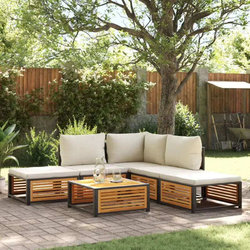 Loungebank van massief acaciahout en gepoedercoat staal voor comfort - Crème / hoek + 2x midden + 2x voetensteun