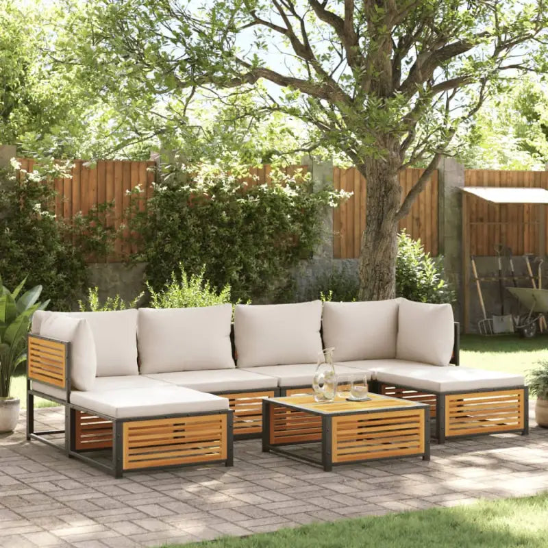 Loungebank van massief acaciahout en gepoedercoat staal voor comfort - Crème / 2x hoek + 2x midden + 2x voetensteun