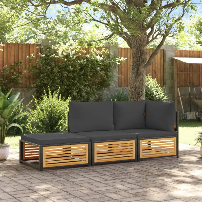 Loungebank van massief acaciahout en gepoedercoat staal voor comfort - Antraciet / hoek + midden + voetensteun