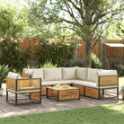 Loungebank van massief acaciahout en gepoedercoat staal voor comfort - Crème / 3x hoek + Fauteuil + 2x midden + Tafel