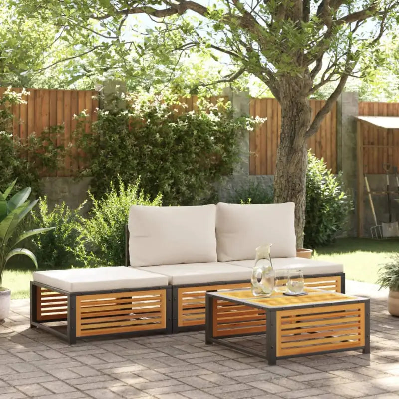 Loungebank van massief acaciahout en gepoedercoat staal voor comfort - Crème / 2x midden + voetensteun + Tafel
