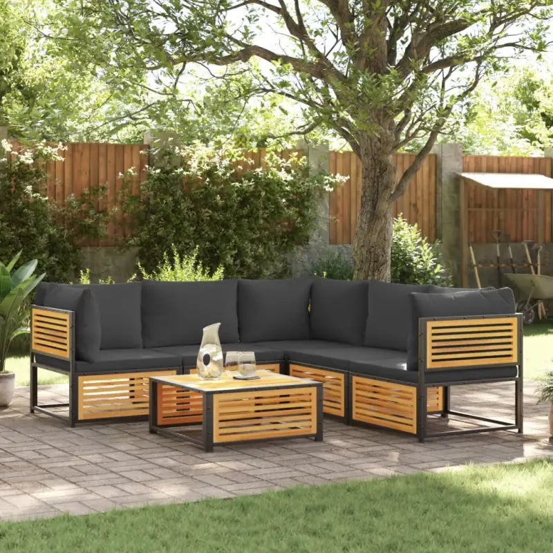 Loungebank van massief acaciahout en gepoedercoat staal voor comfort - Antraciet / 3x hoek + midden + Tafel - Tuinsets