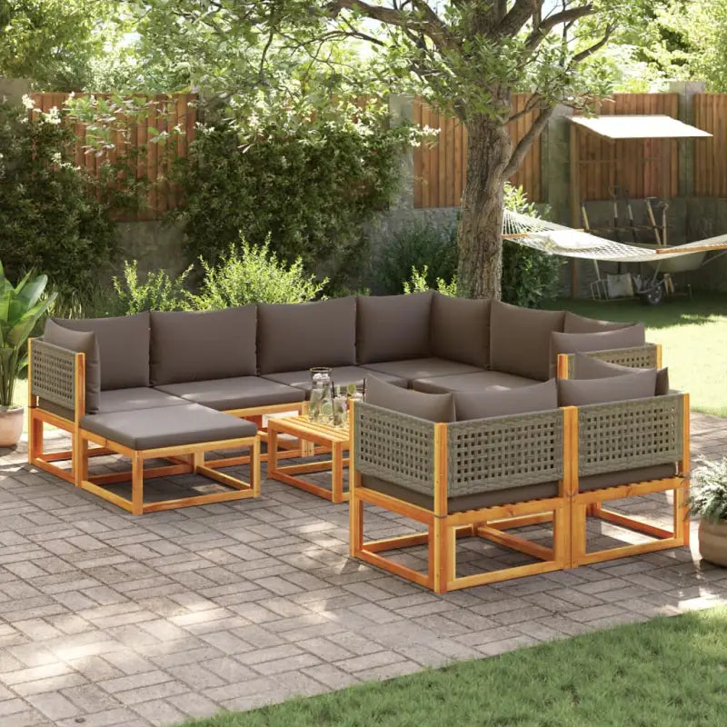 Loungebank van massief acaciahout met kleur per rattan en comfortabele rugkussens - Grijs / 5x hoek + 3x midden