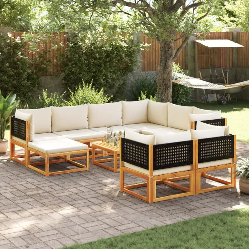 Loungebank van massief acaciahout met kleur per rattan en comfortabele rugkussens - Zwart en crème / 5x hoek + 3x
