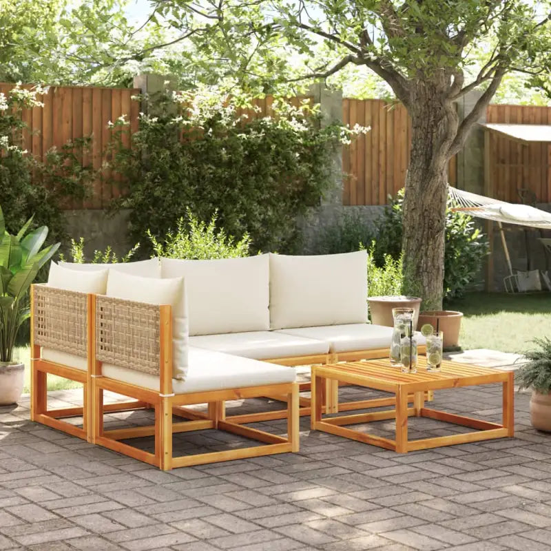 Loungebank van massief acaciahout met kleur per rattan en comfortabele rugkussens - beige en crèmekleurig / hoek + 3x