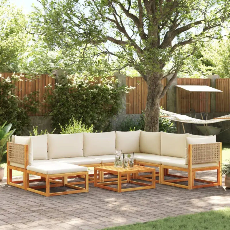 Loungebank van massief acaciahout met kleur per rattan en comfortabele rugkussens - beige en crèmekleurig / 3x hoek