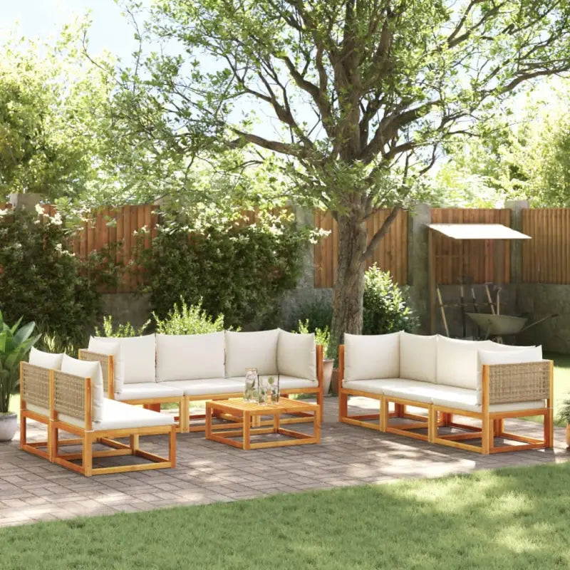 Loungebank van massief acaciahout met kleur per rattan en comfortabele rugkussens - beige en crèmekleurig / 4x hoek