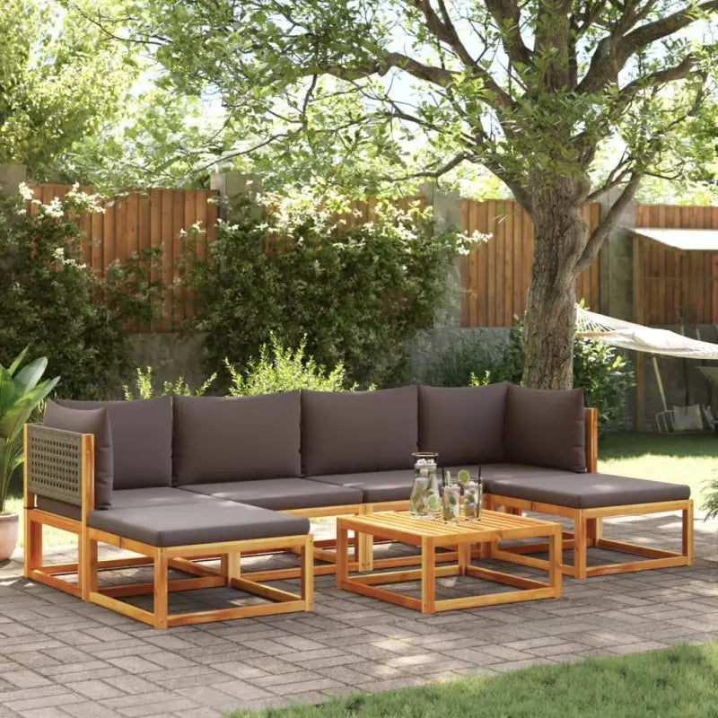 Loungebank van massief acaciahout met kleur per rattan en comfortabele rugkussens - Grijs / 2x hoek + 2x midden + 2x