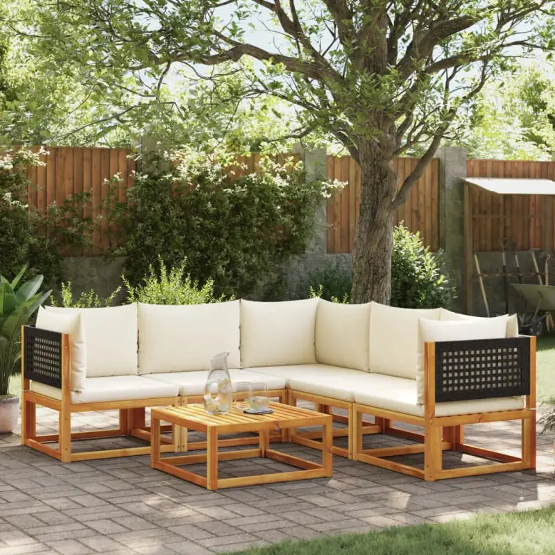 Loungebank van massief acaciahout met kleur per rattan en comfortabele rugkussens - Zwart en crème / 3x hoek + 2x