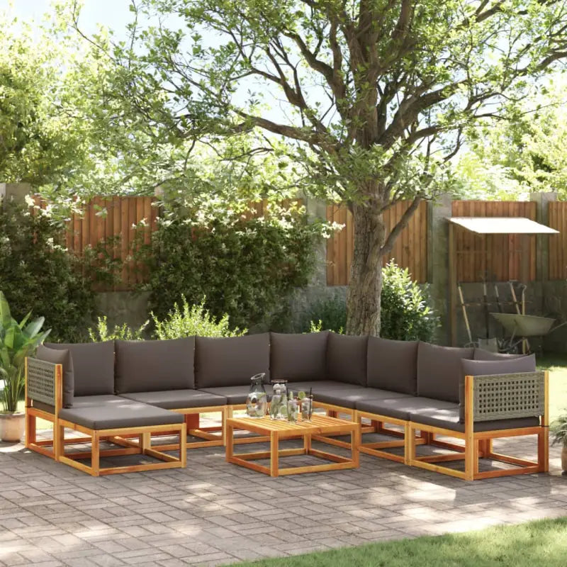 Loungebank van massief acaciahout met kleur per rattan en comfortabele rugkussens - Grijs / 3x hoek + 4x midden
