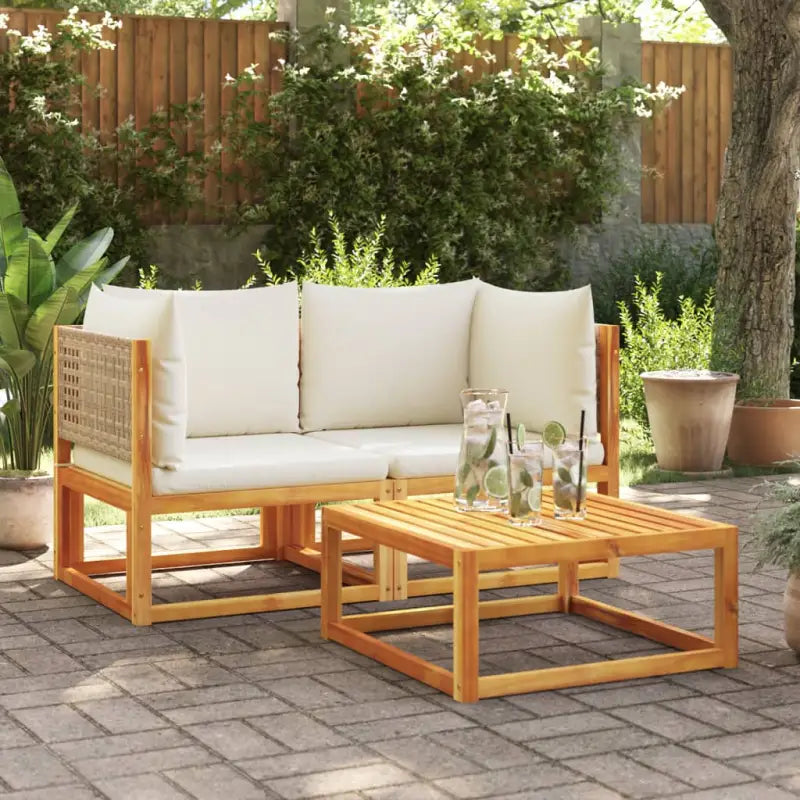Loungebank van massief acaciahout met kleur per rattan en comfortabele rugkussens - beige en crèmekleurig