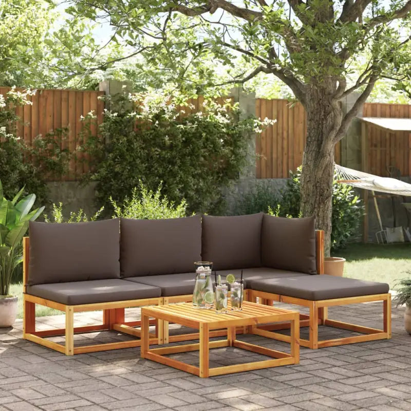 Loungebank van massief acaciahout met kleur per rattan en comfortabele rugkussens - Grijs / hoek + 2x midden