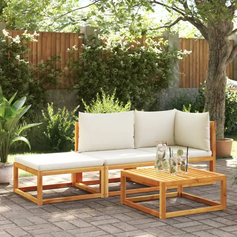 Loungebank van massief acaciahout met kleur per rattan en comfortabele rugkussens - beige en crèmekleurig / hoek