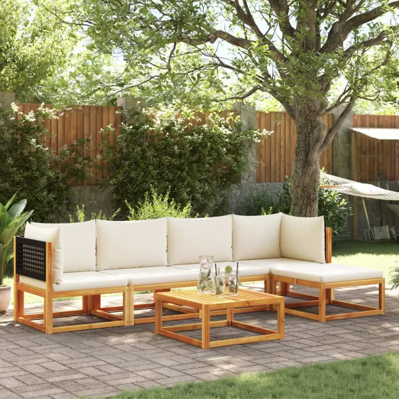Loungebank van massief acaciahout met kleur per rattan en comfortabele rugkussens - Zwart en crème / 2x hoek + 2x