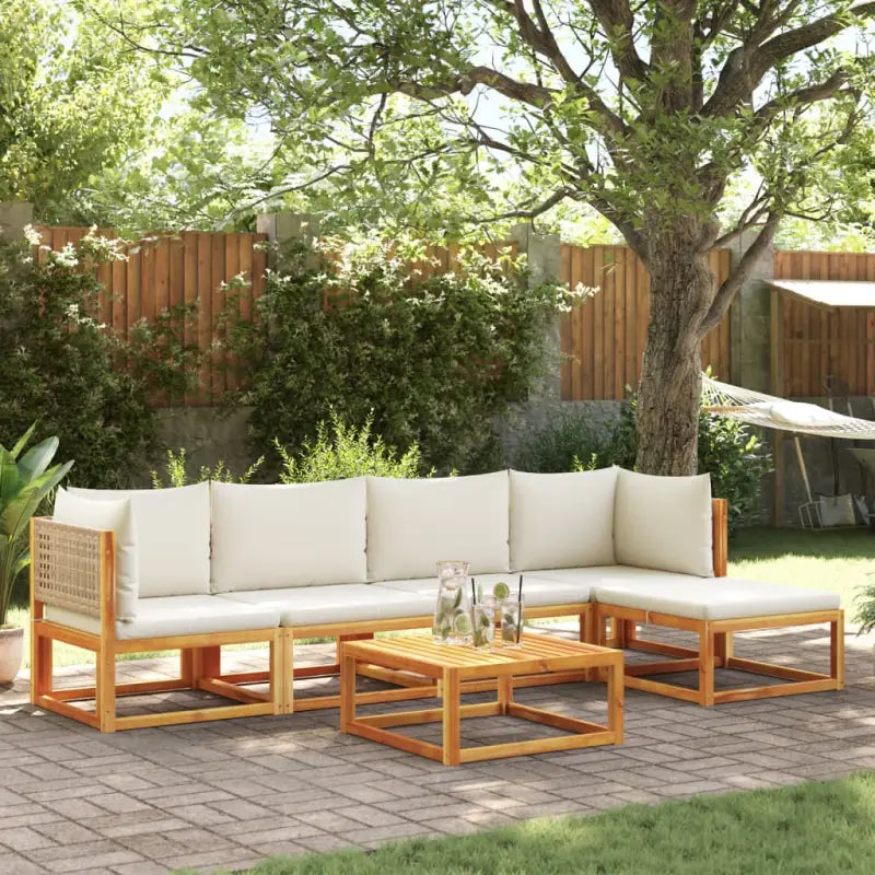 Loungebank van massief acaciahout met kleur per rattan en comfortabele rugkussens - beige en crèmekleurig / 2x hoek