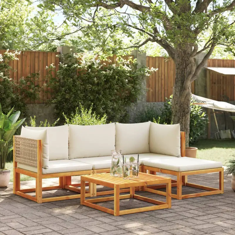 Loungebank van massief acaciahout met kleur per rattan en comfortabele rugkussens - beige en crèmekleurig / 2x hoek