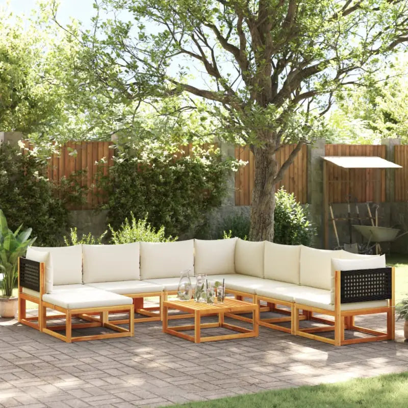 Loungebank van massief acaciahout met kleur per rattan en comfortabele rugkussens - Zwart en crème / 3x hoek + 4x