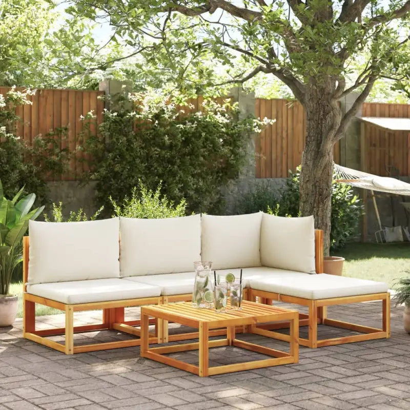 Loungebank van massief acaciahout met kleur per rattan en comfortabele rugkussens - beige en crèmekleurig / hoek + 2x