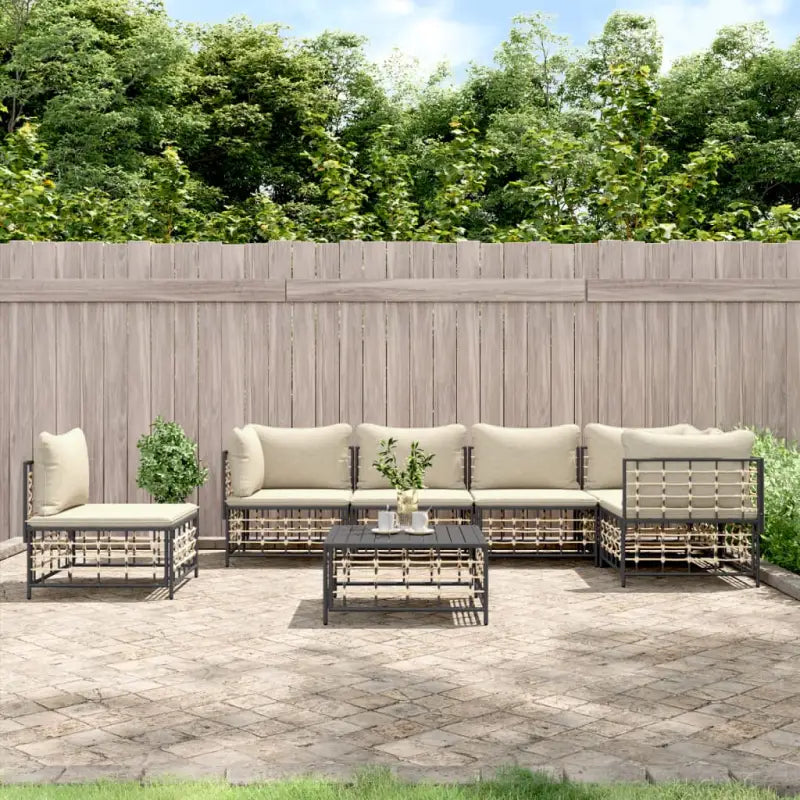 Loungebank van poly rattan met antraciet materiaal en gepoedercoat staal - 1 / Beige / 3x hoek + 3x midden + Tafel
