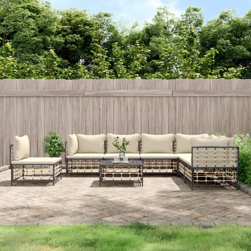 Loungebank van poly rattan met antraciet materiaal en gepoedercoat staal - 1 / Beige / 3x hoek + 4x midden + Tafel