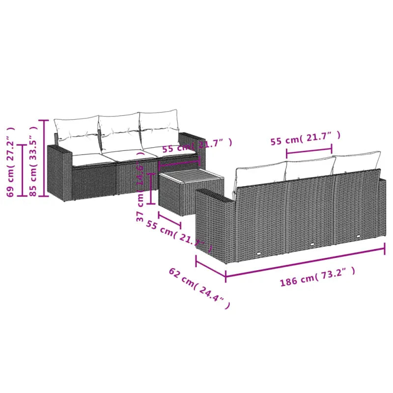Loungebank van poly rattan met gepoedercoat staal afmetingen - Tuinsets