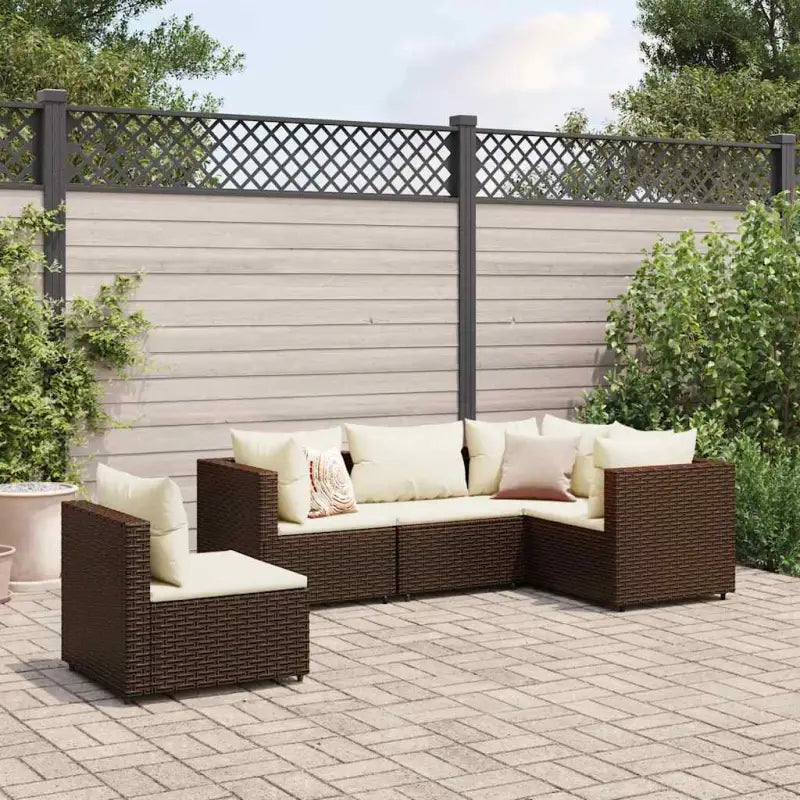 Loungebank van poly rattan met gepoedercoat staal en afmetingen rugkussen - Bruin en crème / 3x hoek + 2x midden