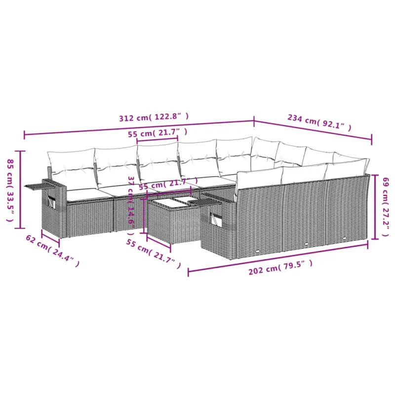Loungebank voor tuin met zwart materiaal en gepoedercoat staal afmetingen - Tuinsets