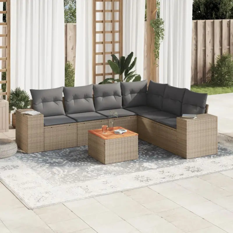 Loungebank voor tuin met zwart materiaal en gepoedercoat staal - Beige en grijs / hoek + Tafel + 3x midden - Tuinsets