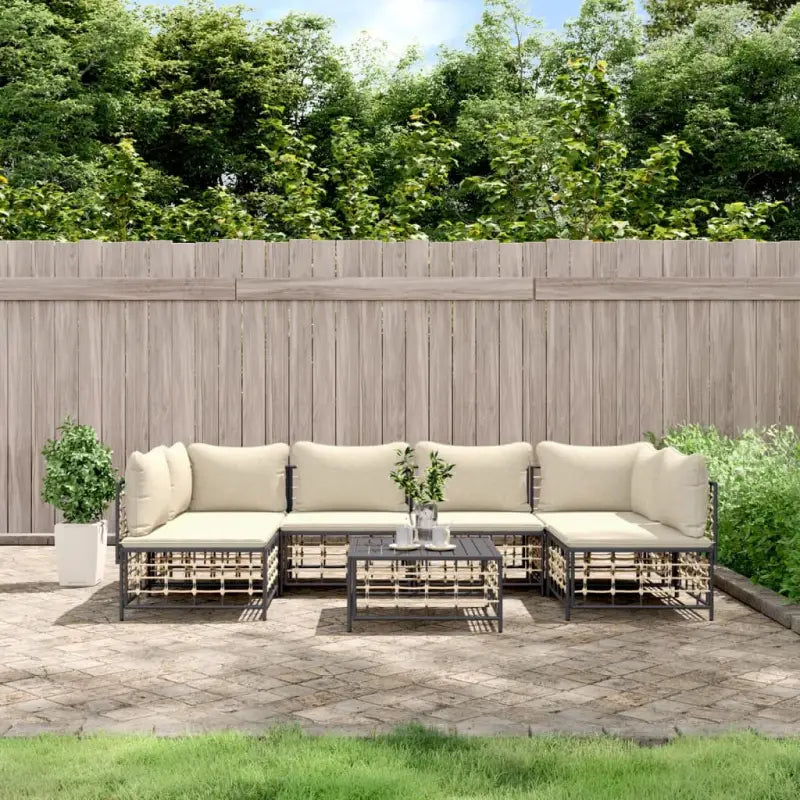 Loungebanken in poly rattan en antraciet materiaal voor buitengebruik - 1 / Beige / 2x hoek + 4x midden + Tafel