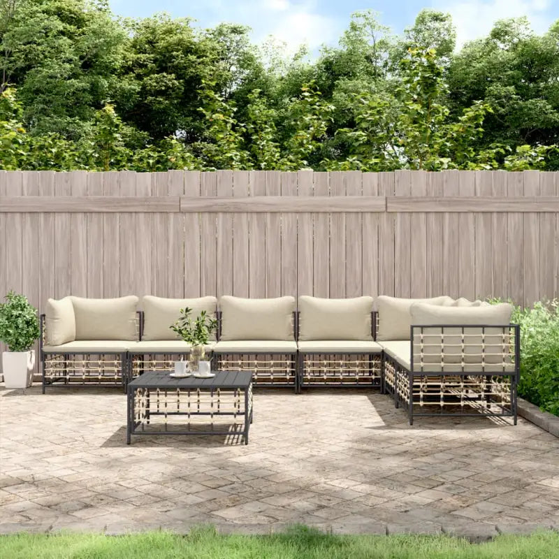 Loungebanken in poly rattan met antraciet materiaal en gepoedercoat staal - 1 / Beige / 3x hoek + 4x midden + Tafel