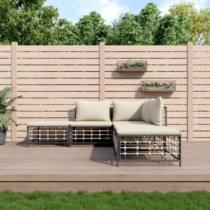 Loungebanken in poly rattan met antraciet materiaal en gepoedercoat staal - 1 / Beige / hoek + 2x midden + 2x