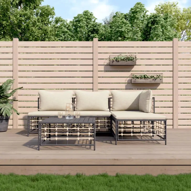 Loungebanken in poly rattan met antraciet materiaal en gepoedercoat staal - 1 / Beige / hoek + 2x midden + voetensteun