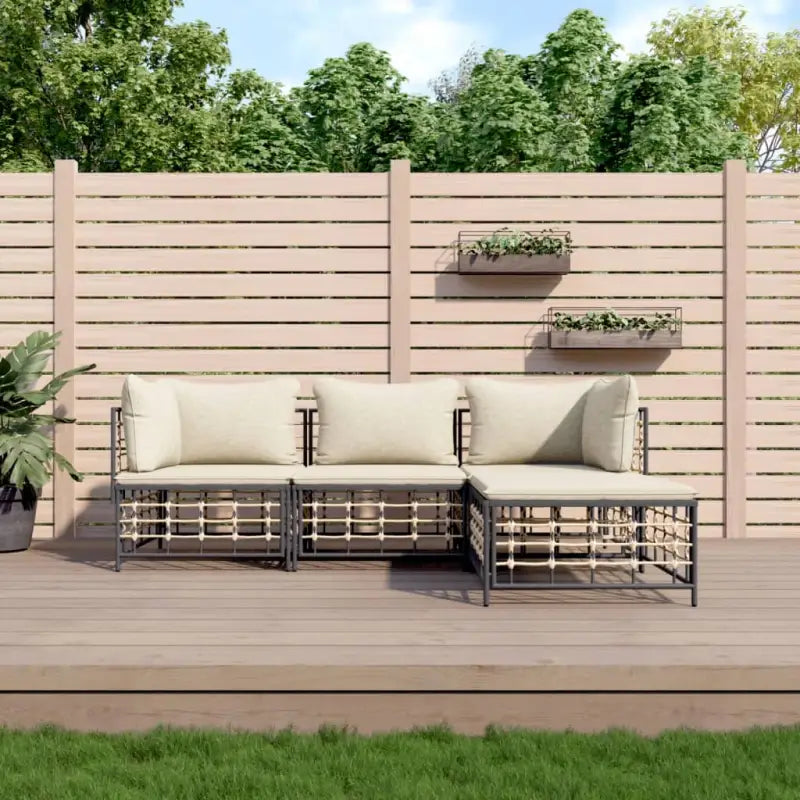 Loungebanken in poly rattan met antraciet materiaal en gepoedercoat staal - 1 / Beige / 2x hoek + midden + voetensteun