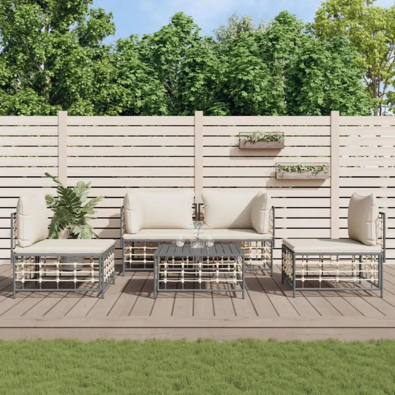 Loungebanken in poly rattan met antraciet materiaal en ruime afmetingen - 1 / Beige / 2x hoek + 2x midden + Tafel