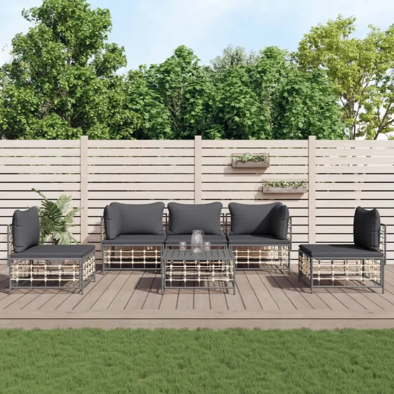Loungebanken in poly rattan met antraciet materiaal en ruime afmetingen - 1 / Donkergrijs / 2x hoek + 3x midden + Tafel