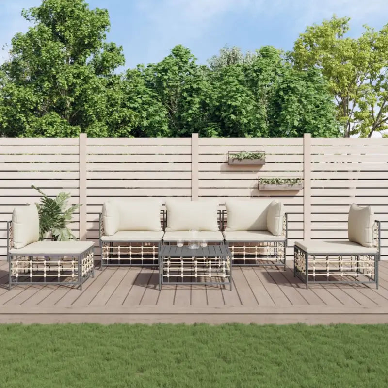 Loungebanken in poly rattan met antraciet materiaal en ruime afmetingen - 1 / Beige / 2x hoek + 3x midden + Tafel