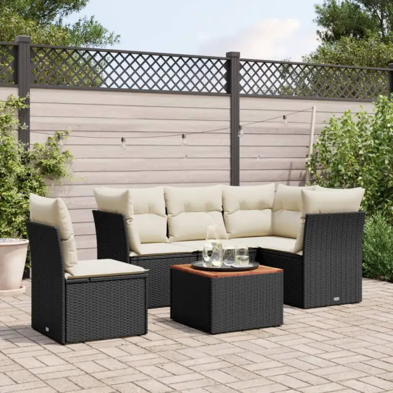Loungebankset in zwart materiaal met gepoedercoat staal en waterdichte tas - Zwart en crème / Tafel + 3x hoek + 2x
